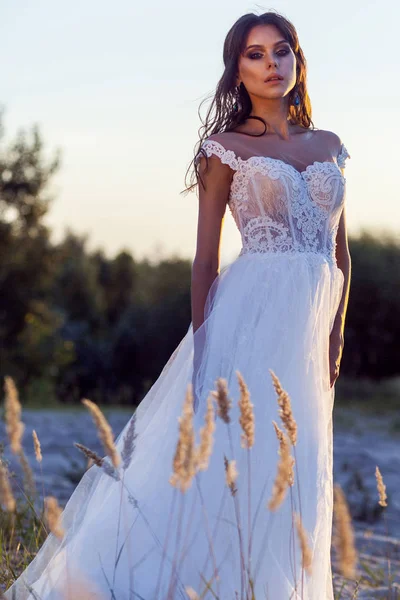 Atractiva Mujer Morena Con Maquillaje Peinado Usando Vestido Novia Blanco —  Fotos de Stock