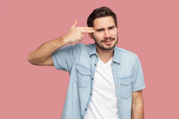 Crazy Sad Bearded Young Man Blue Casual Style Shirt Standing — Stock Photo, Image