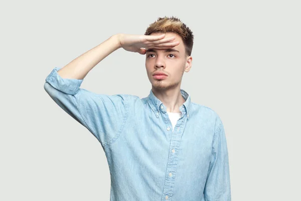 Serious Attentive Handsome Young Man Light Blue Shirt Standing Hand — Stock Photo, Image