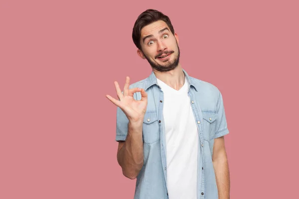 Funny Handsome Bearded Young Man Blue Casual Style Shirt Showing — Stock Photo, Image