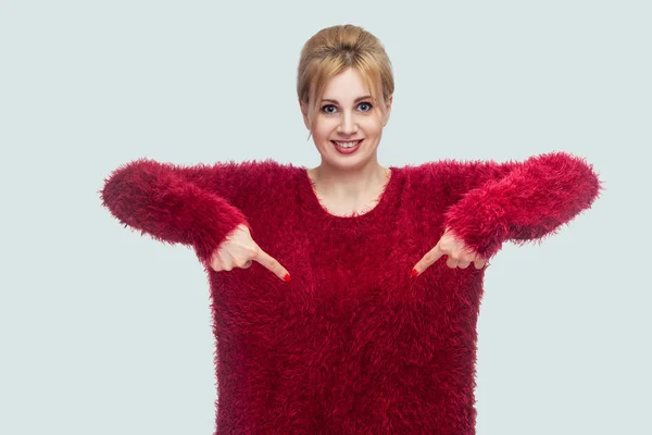 Happy Funny Beautiful Young Blonde Woman Red Sweater Looking Camera — Stock Photo, Image