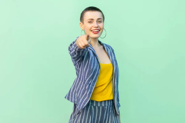 Happy Beautiful Short Hair Young Woman Casual Striped Suit Looking — Stock Photo, Image