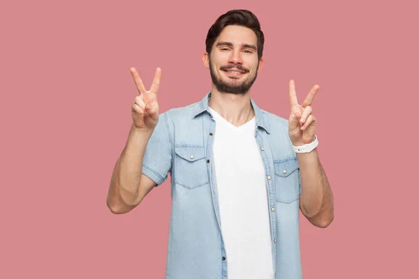 Happy Bearded Young Man Blue Casual Shirt Showing Victory Hand — Stock Photo, Image