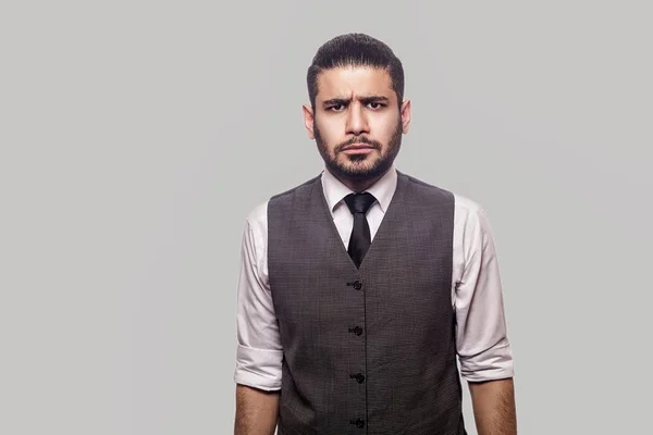 Angry Bossy Handsome Bearded Brunette Man White Shirt Waistcoat Looking — Stock Photo, Image