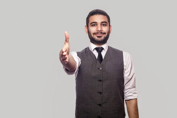 Hombre Morena Barbudo Guapo Feliz Camisa Blanca Chaleco Mirando Sonriendo — Foto de Stock