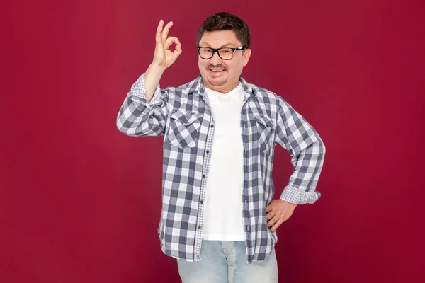 Happy Handsome Middle Aged Businessman Casual Checkered Shirt Eyeglasses Showing — Stock Photo, Image