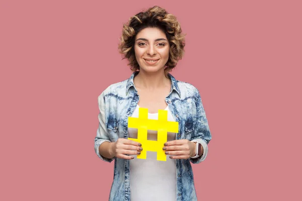 Happy Young Woman Blue Shirt Curly Hair Holding Large Big — Stock Photo, Image