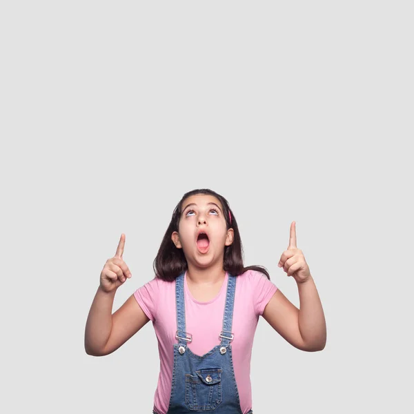 Shocked Young Girl Casual Pink Shirt Blue Overalls Surprised Face — Stock Photo, Image