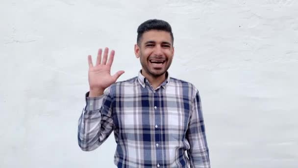 Happy Gembira Pria Berjenggot Tampan Dengan Kemeja Kotak Kotak Biru — Stok Video