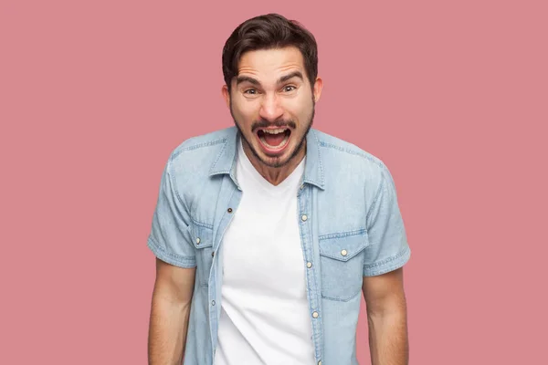 Aggressive Shocked Handsome Bearded Young Man Blue Casual Style Shirt — Stock Photo, Image