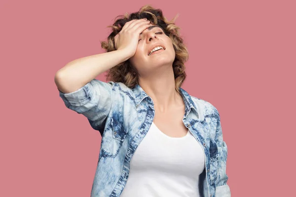 Sad Worried Young Woman Curly Hairstyle Casual Blue Shirt Holding — Stock Photo, Image