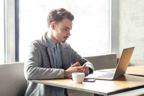 Young Successful Serious Businessman Working Computer While Sitting Table Cafe — Stock Photo, Image