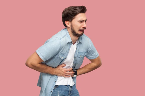 Enfermo Triste Guapo Barbudo Joven Azul Casual Estilo Camisa Pie — Foto de Stock