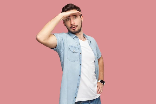 Attentive Handsome Bearded Young Man Blue Casual Shirt Standing Hand — Stock Photo, Image