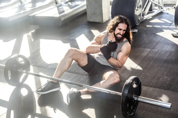 Portrait Screaming Young Adult Man Athlete Long Curly Hair Working — Stock Photo, Image