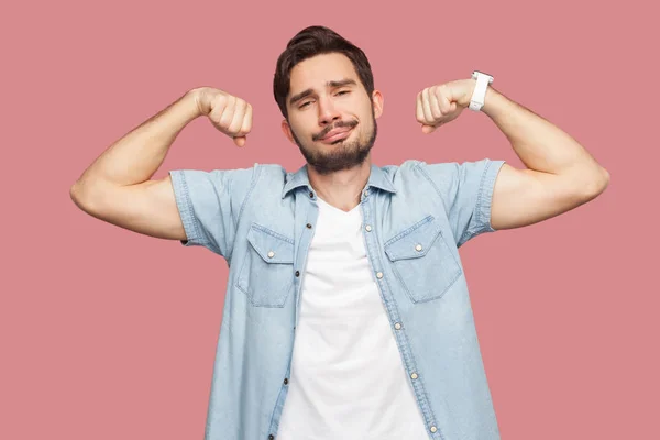 Proud Satisfied Handsome Bearded Young Man Blue Casual Style Shirt — Stock Photo, Image