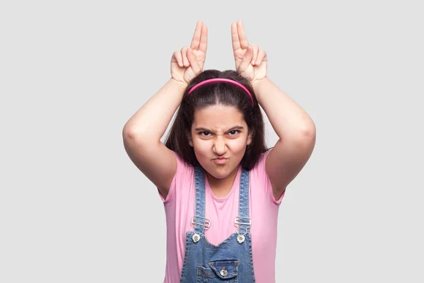 Crazy Brunette Young Girl Casual Pink Shirt Blue Denim Overalls — Stock Photo, Image