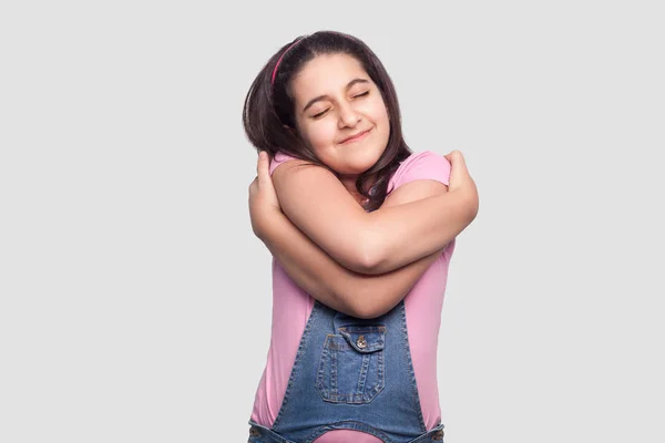 Happy Satisfied Beautiful Brunette Young Girl Casual Pink Shirt Blue — Stock Photo, Image