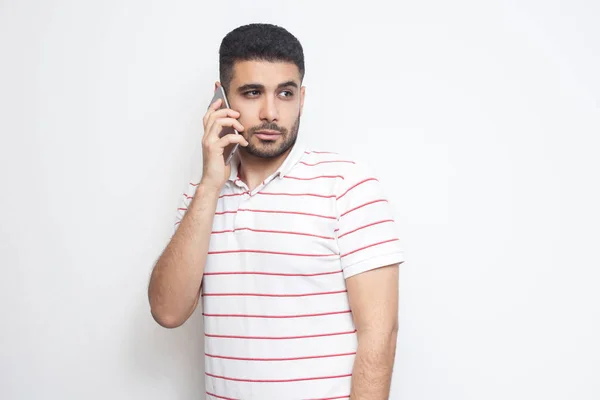 Serious Handsome Young Adult Man Wearing Shirt Making Call Talking — Stock Photo, Image