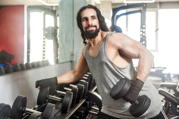 Confident Young Adult Man Long Curly Hair Holding One Dumbbell — Stock Photo, Image