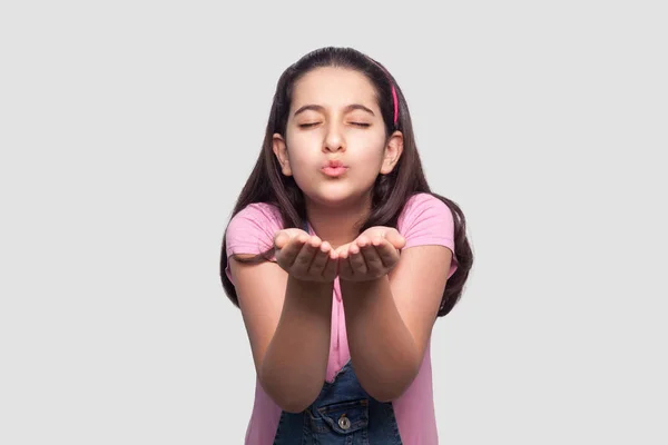 Beautiful Brunette Young Girl Pink Shirt Blue Overalls Standing Closed — Stock Photo, Image
