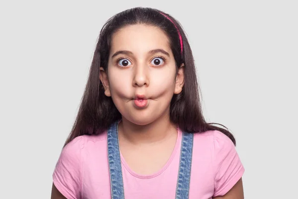 Funny Beautiful Brunette Young Girl Pink Shirt Blue Overalls Standing — Stock Photo, Image