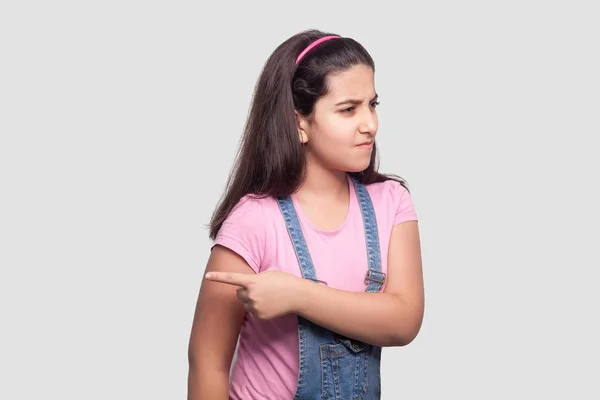 Angry Beautiful Brunette Young Girl Pink Shirt Blue Overalls Standing — Stock Photo, Image