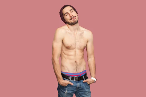 Funny Handsome Naked Shirtless Young Bearded Man Standing Hands Pockets — Stock Photo, Image