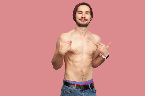 Proud Handsome Naked Shirtless Young Bearded Man Pointing Himself Looking — Stock Photo, Image