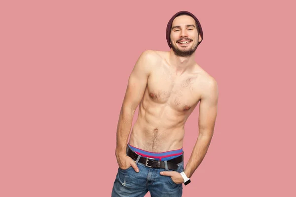 Happy Handsome Naked Shirtless Young Bearded Man Standing Hands Pockets — Stock Photo, Image