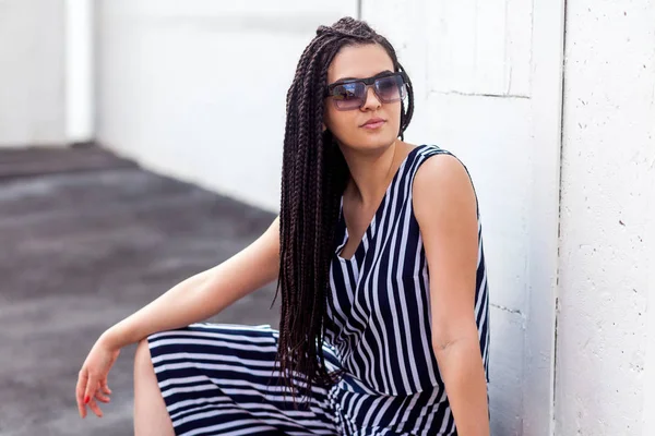 Young Brunette Woman Black Afro American Dreadlocks Hairstyle Striped Dress — 스톡 사진