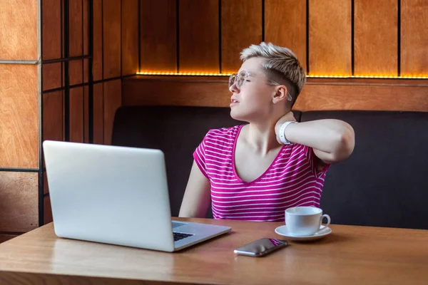 Tired Young Woman Short Blonde Hair Pink Shirt Eyeglasses Holding — Stock Photo, Image