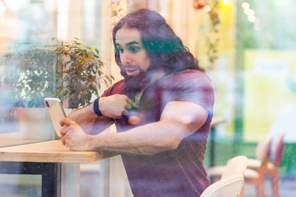 Side View Window Unbelievable Handsome Muscular Man Curly Long Hair — Stock Photo, Image