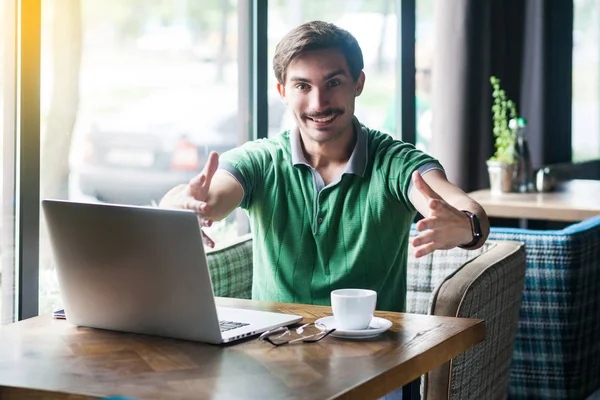 Young Happy Businessman Green Shirt Looking Camera Toothy Smile Showing — Stock Photo, Image