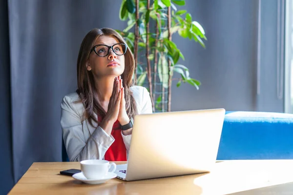 Worry Stylish Brunette Young Woman Glasses Looking Pleading While Sitting — Stock Photo, Image