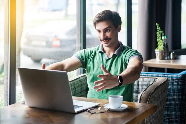 Young Happy Businessman Green Shirt Looking Laptop Video Call Showing — Stock Photo, Image