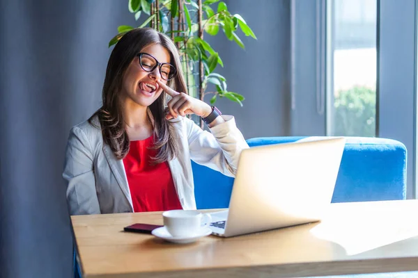 Funny Crazy Brunette Young Woman Glasses Putting Finger Nose Showing — Stock Photo, Image