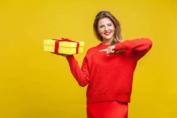Cheerful Impressive Blonde Woman Red Lipstick Bright Casual Sweater Pointing — Stockfoto