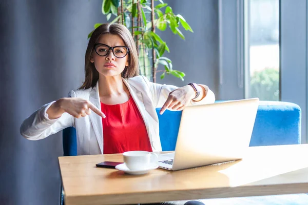 Serious Beautiful Stylish Brunette Young Woman Glasses Pointing Fingers While — Stock Photo, Image