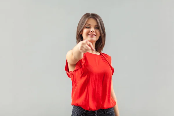 Happy Beautiful Brunette Young Woman Red Shirt Pointing Looking Camera — Stok fotoğraf