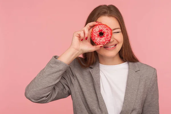 Saúde Nutrição Retrato Mulher Negócios Alegre Jaqueta Terno Olhando Através — Fotografia de Stock