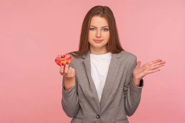 Portrait Confused Woman Office Worker Business Suit Holding Sweet Doughnut — Stock Photo, Image