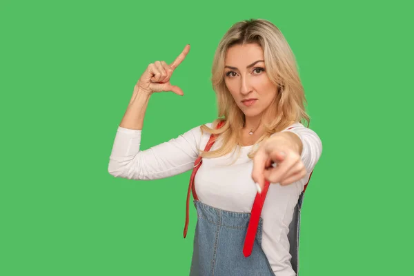 You Lost Job Portrait Bossy Adult Woman Denim Overalls Showing — Stock Photo, Image