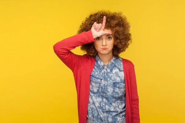 Lost Job Portrait Unlucky Depressed Woman Curly Hair Casual Outfit — Stock Photo, Image