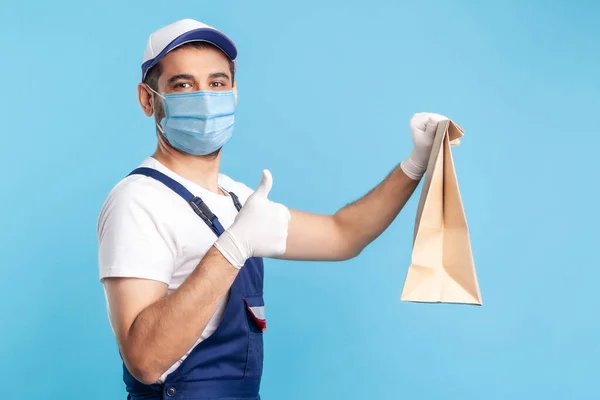 Uitstekend Werk Portret Van Tevreden Klusjesman Overall Masker Handschoenen Met — Stockfoto