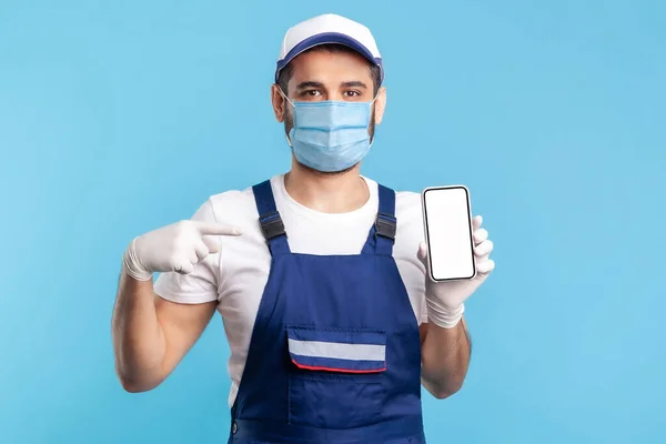 Workman Overalls Mask Gloves Pointing Mobile Phone Mock Blank Display — Stock Photo, Image