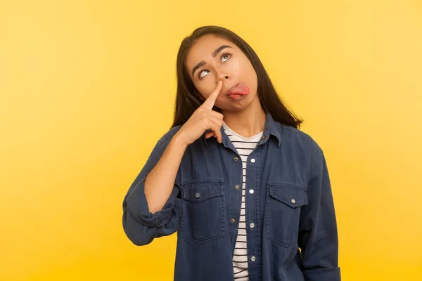 Bad Habit Humorous Grimace Portrait Adorable Funny Girl Denim Shirt — Stock Photo, Image