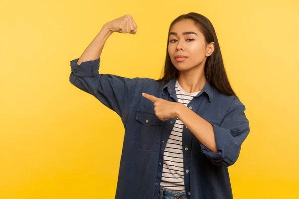 Look Strong Portrait Confident Proud Girl Denim Shirt Pointing Biceps — Stock Photo, Image