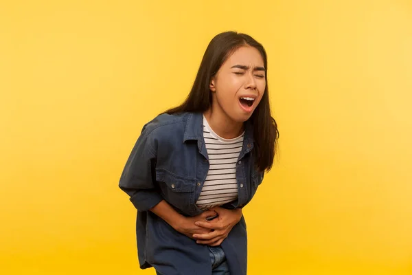 Painful Cramp Stomach Portrait Ill Girl Clasping Belly Shouting Severe — Stock Photo, Image