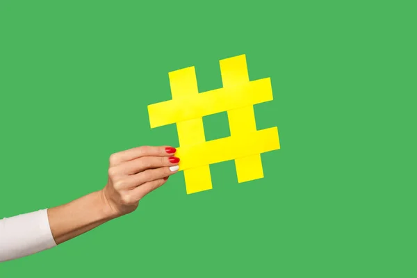 Blog comments, social media trends. Closeup of woman hand holding big yellow hashtag sign, tagging famous internet post, sharing viral content, popular idea. studio shot isolated on green background